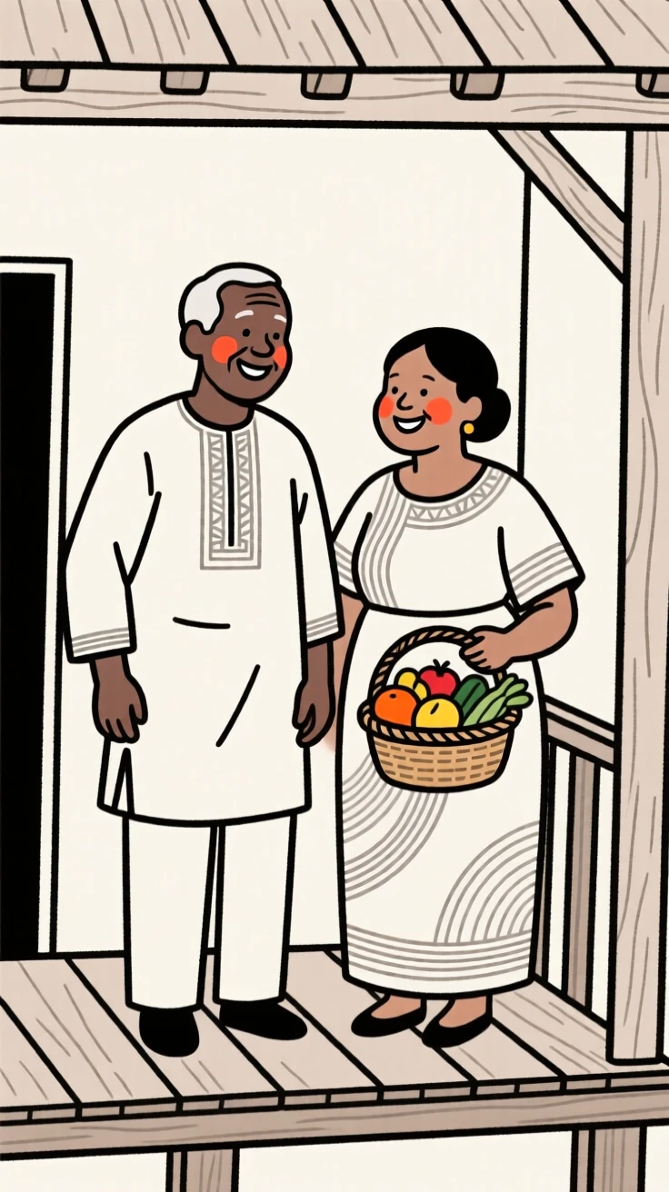 An elderly couple of Nigerian heritage celebrating a harvest festival, on a rustic wooden porch.
