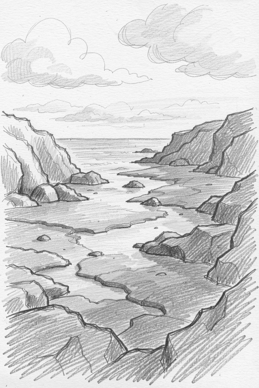 A rugged coastline at low tide, lit by streaks of golden afternoon sun, with clouds casting slow-moving shadows.