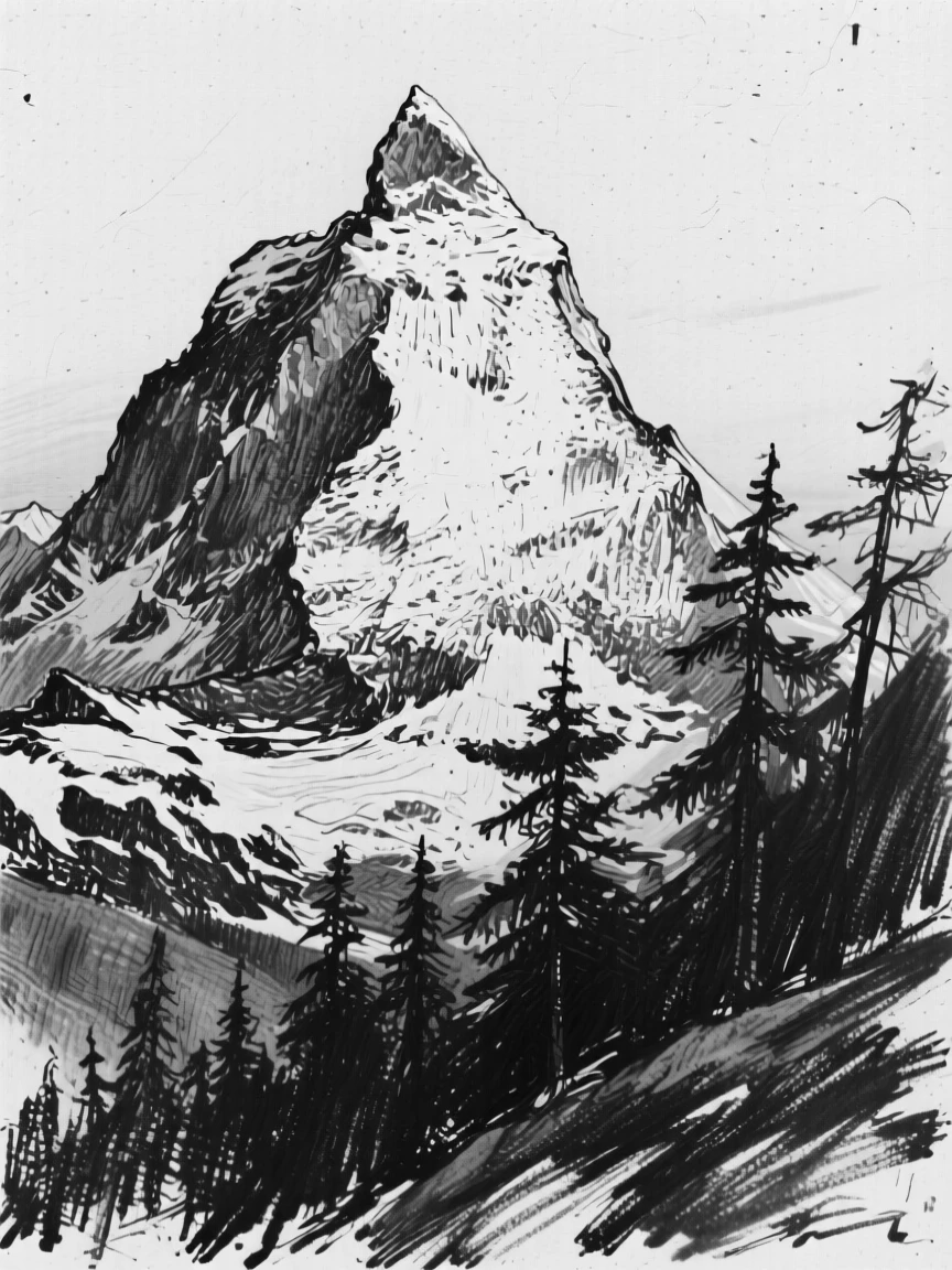 A snow-capped peak with golden light streaming through the trees.