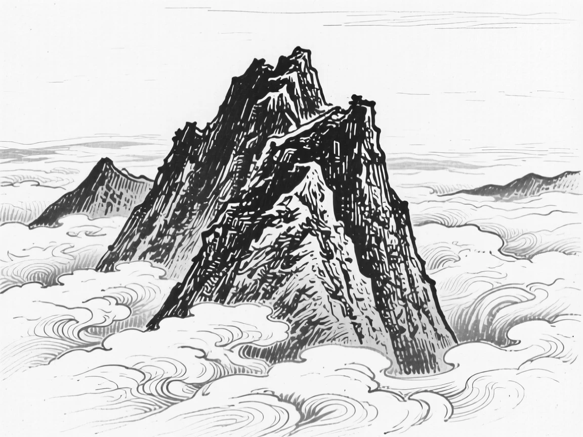 A dramatic mountain summit rising above a sea of clouds.