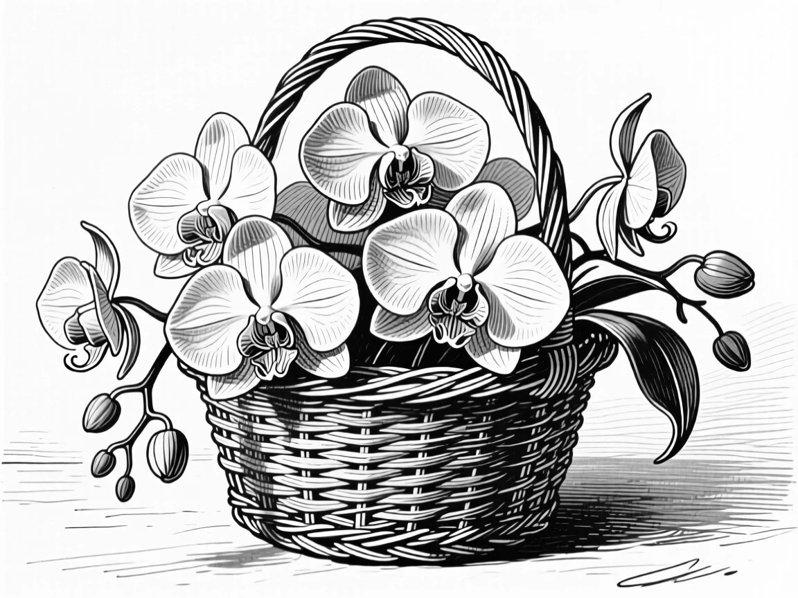 An orchid in full bloom spilling out of a wicker basket, with petals catching a beam of light, composed in a classic and refined still-life arrangement.