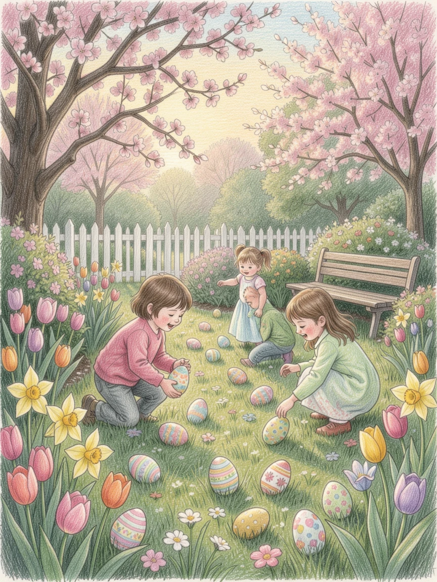 A springtime Easter egg hunt in a blooming garden, captured in the soft light of early evening, perfect for celebrating the beauty of the season.