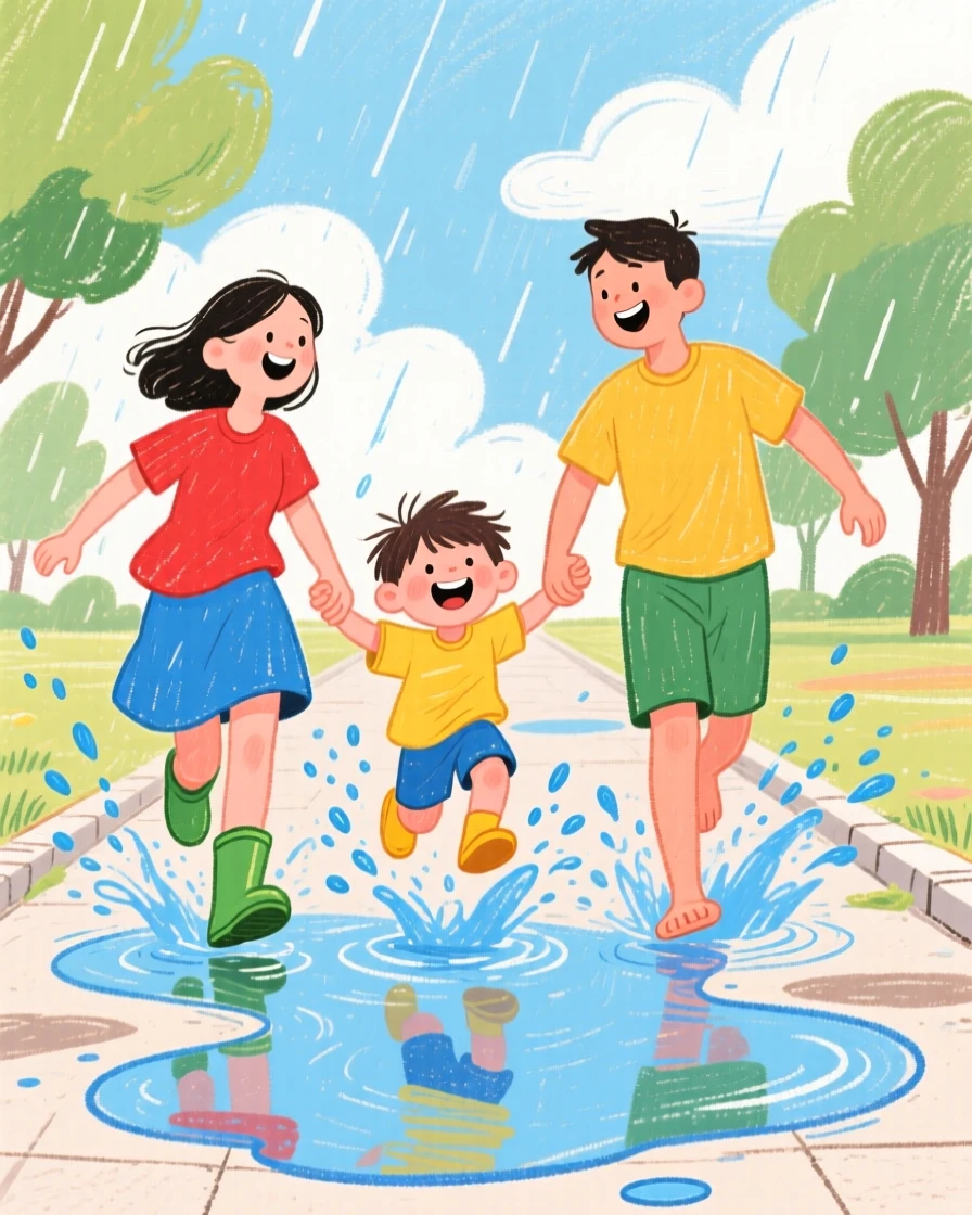 A family of four splashing through puddles after a summer rain.