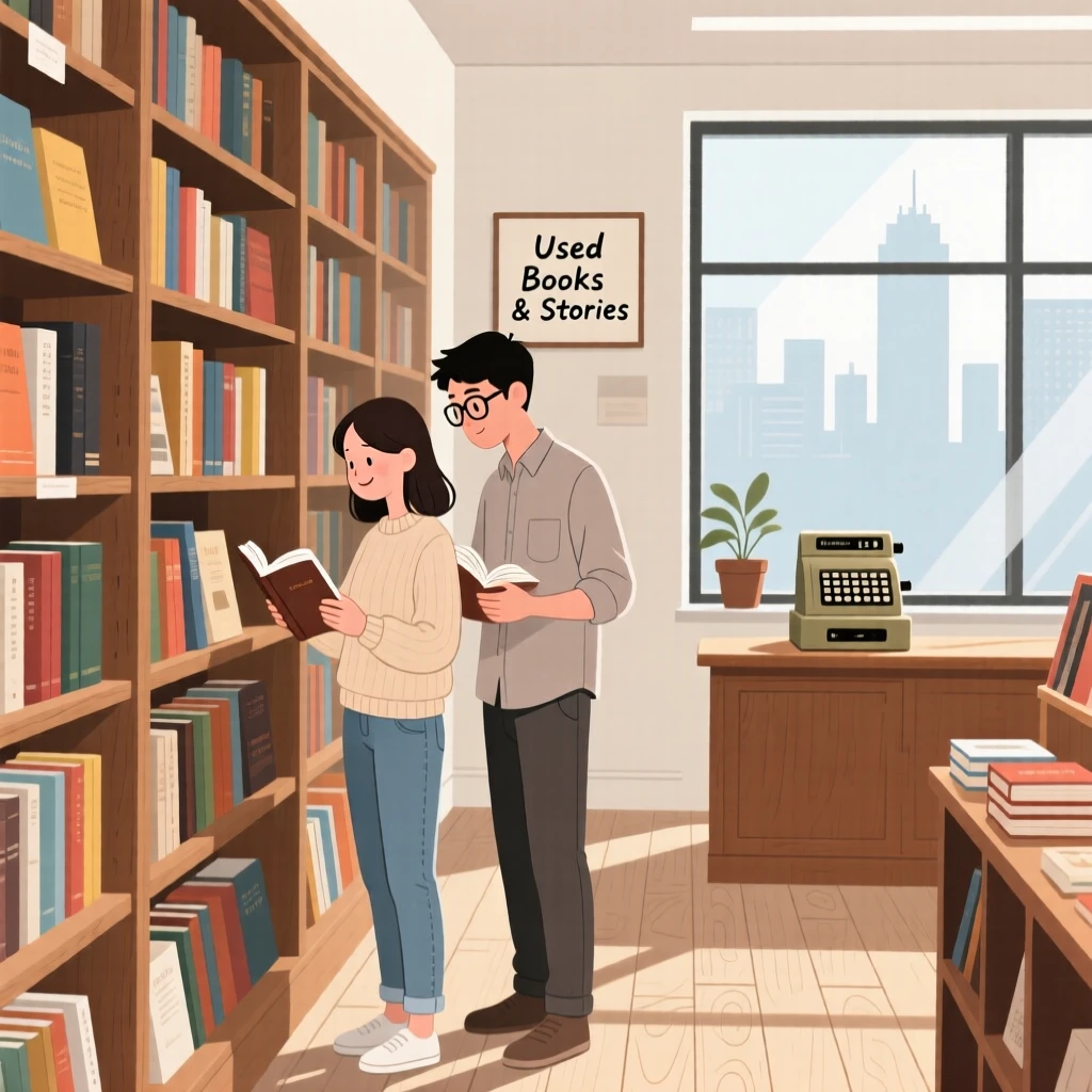 A young couple browsing a used bookstore on a quiet weekday morning in the city.