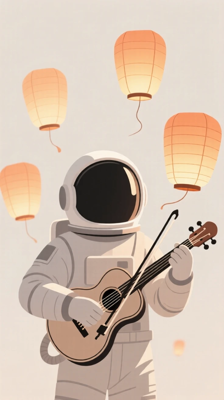 A portrait of an astronaut playing an instrument near fluttering paper lanterns, filled with gentle happiness.