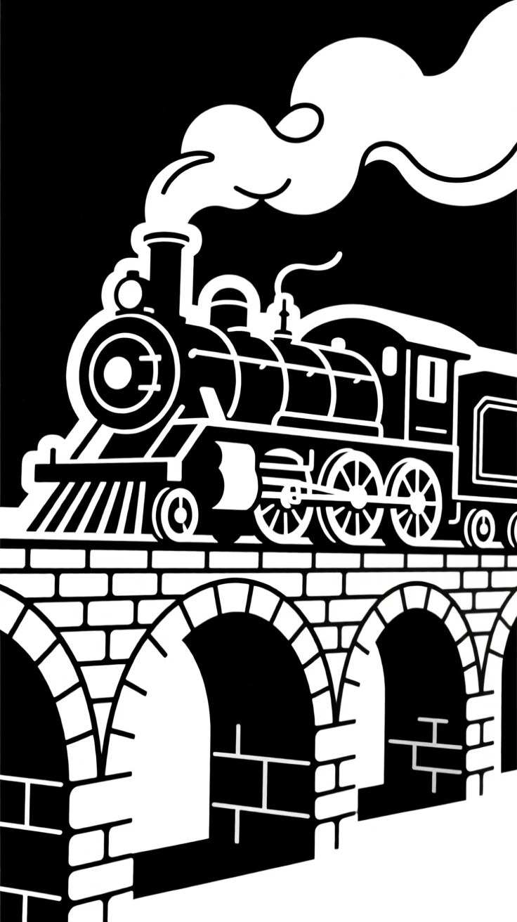 A classic steam locomotive crossing a stone bridge.