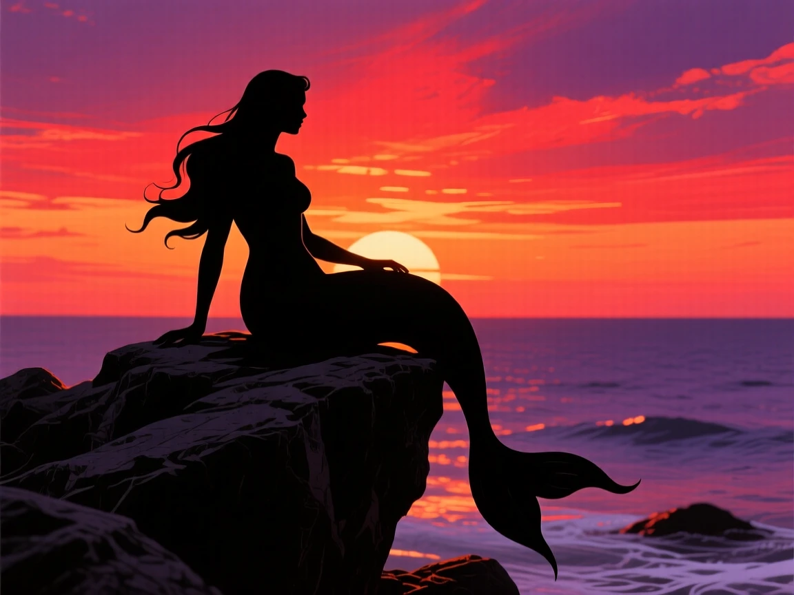 A mermaid perched on a rock at the edge of the sea, tail catching the last light of sunset.
