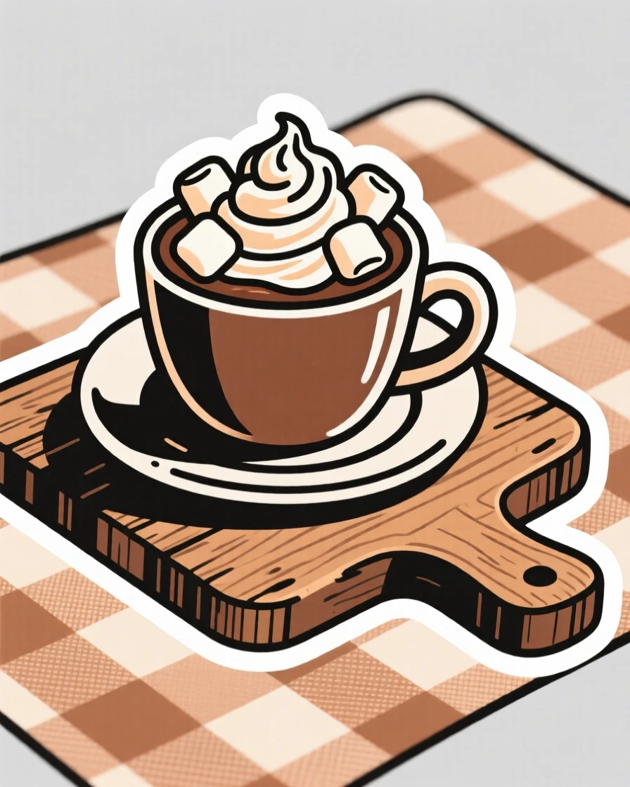 A perfectly plated cup of hot cocoa topped with whipped cream and marshmallows, resting on a rustic wooden board, on a checkered picnic blanket.
