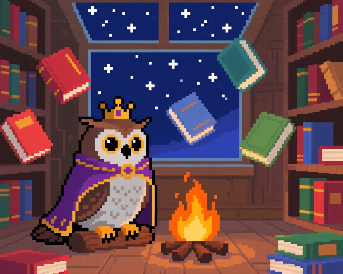 A royal messenger owl wearing a tiny cape resting beside a campfire under the stars, in a library filled with floating books.