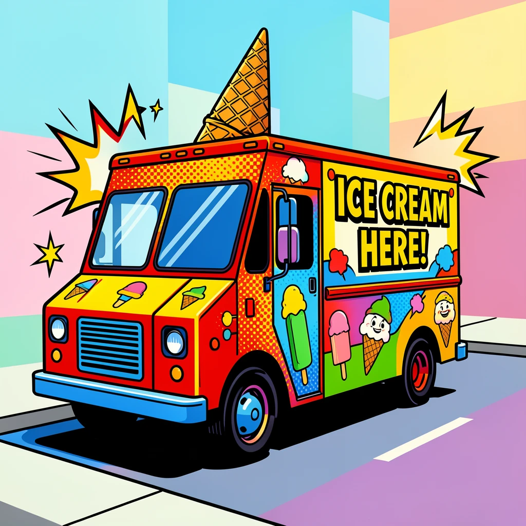 A cheerful ice cream truck parked on a sunny street corner