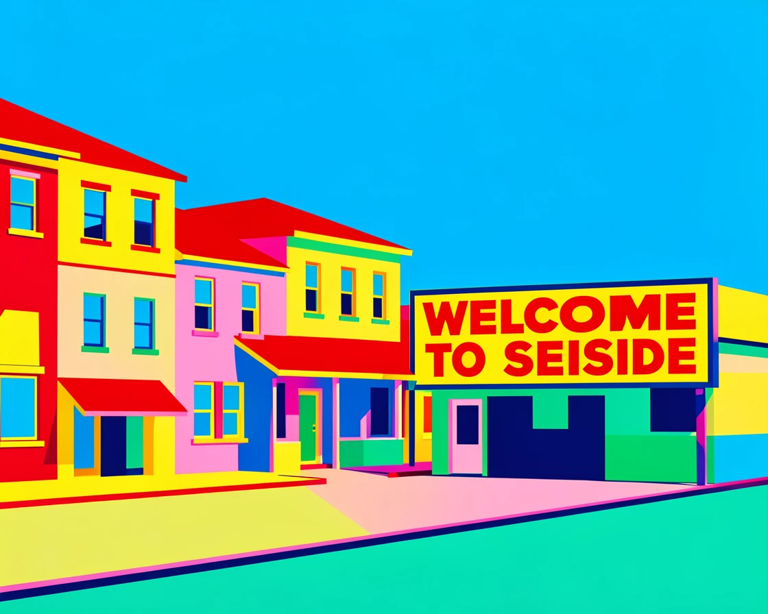 Coastal town with pastel-colored buildings