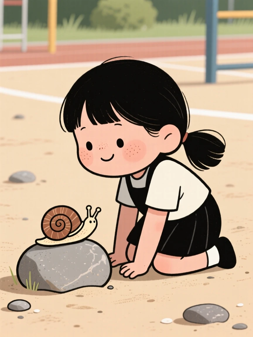A curious young girl kneels beside a snail on a stone in the school playground, watching intently as it climbs over a pebble.
