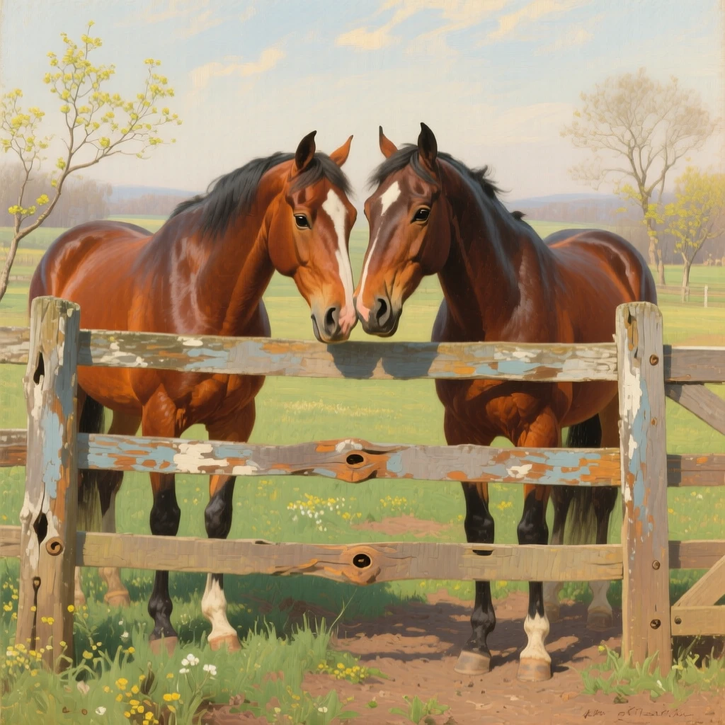 A medium shot of a pair of horses nuzzling over a wooden paddock fence, in early spring, in the 1890s.