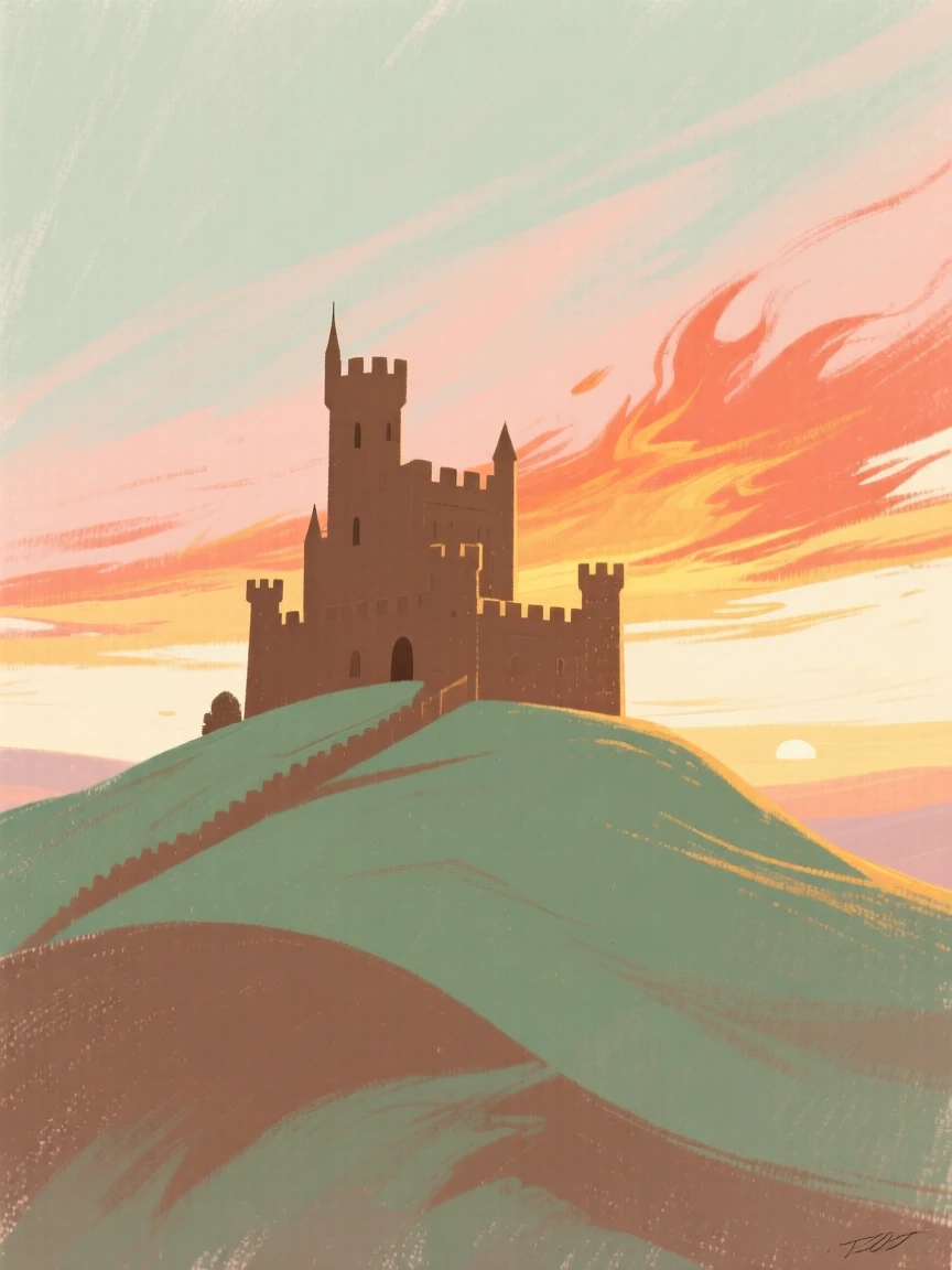 A hilltop castle silhouetted against a fiery sunset sky