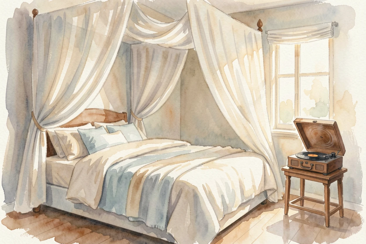 A bedroom with a canopy bed and soft linens with a record player softly spinning.