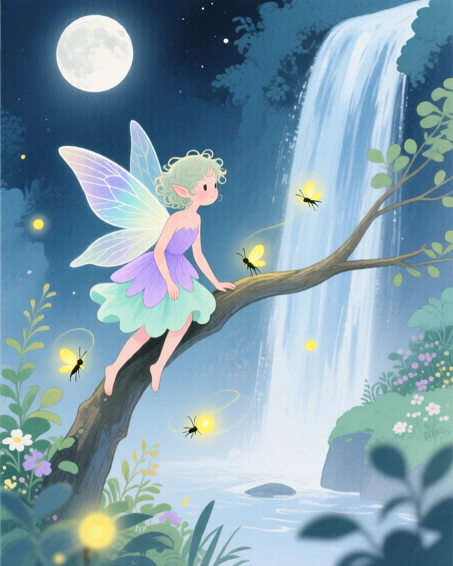 A tiny garden pixie perches on a moonlit branch in a secret garden behind a waterfall, while fireflies swirl through the air