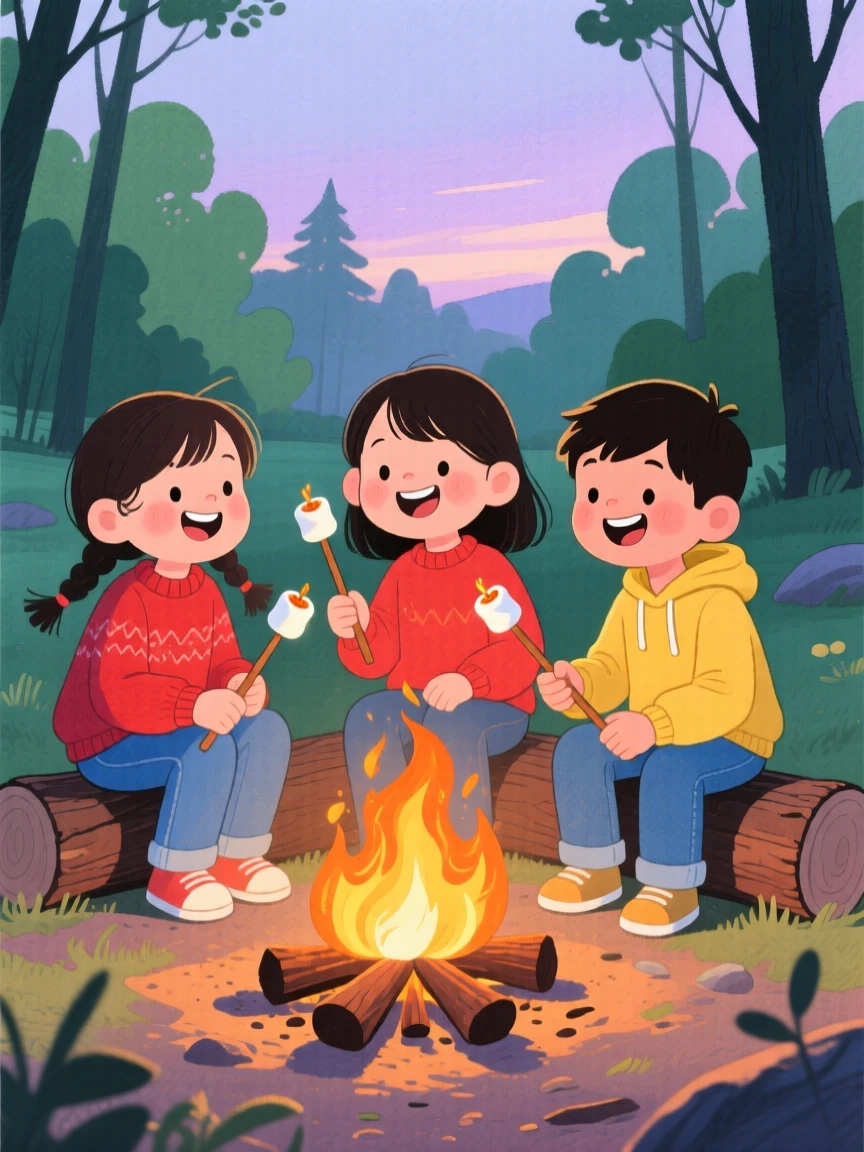Children roasting marshmallows around a campfire, full of warmth and laughter.