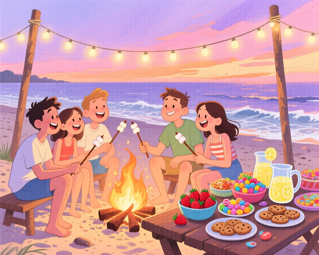 Friends roasting marshmallows around a summer bonfire, in a beach at dusk with string lights swaying, with a table piled high with festive treats, evoking the warmth of summer friendship.