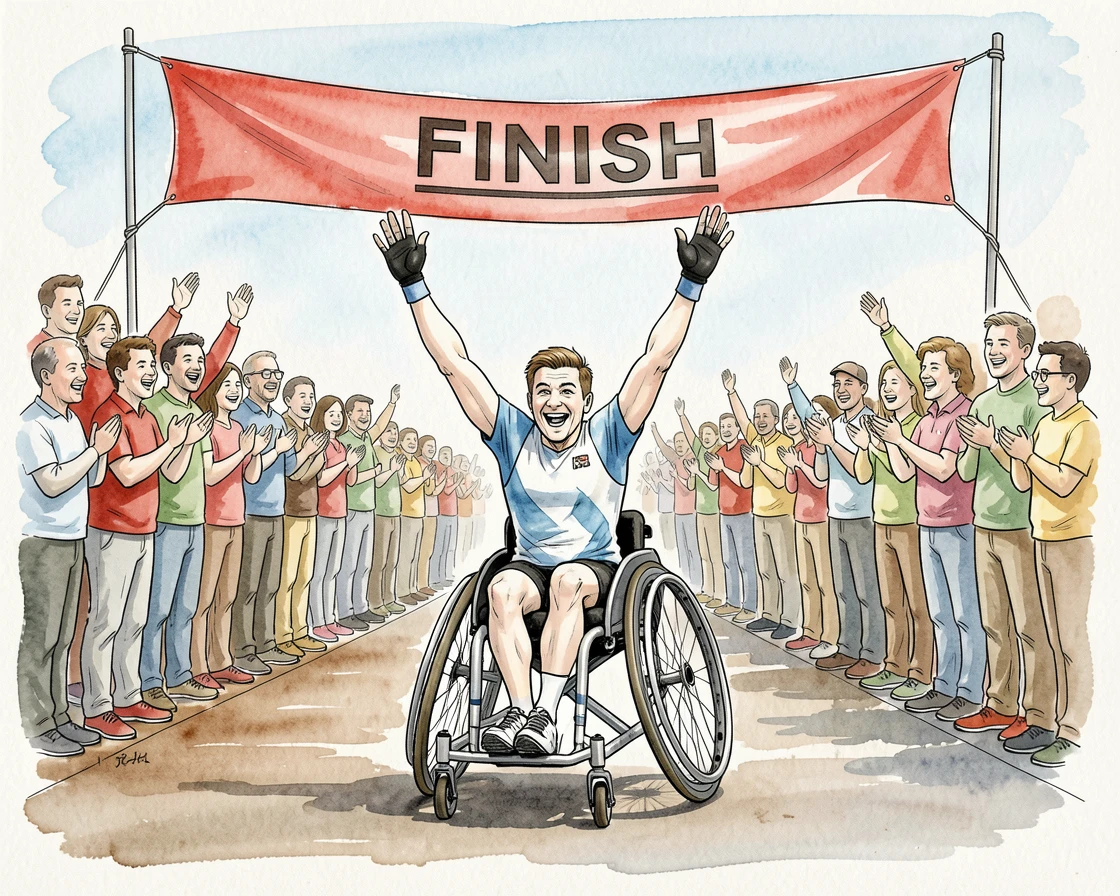 A wheelchair racer crossing a finish line to a cheering crowd, arms raised in victory