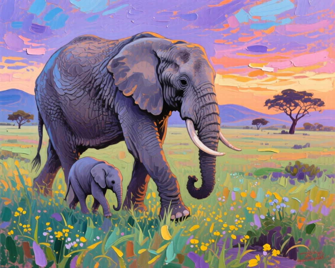 a mother elephant and calf walking across open grassland, at dawn, with a clear foreground, subject, and distant setting.