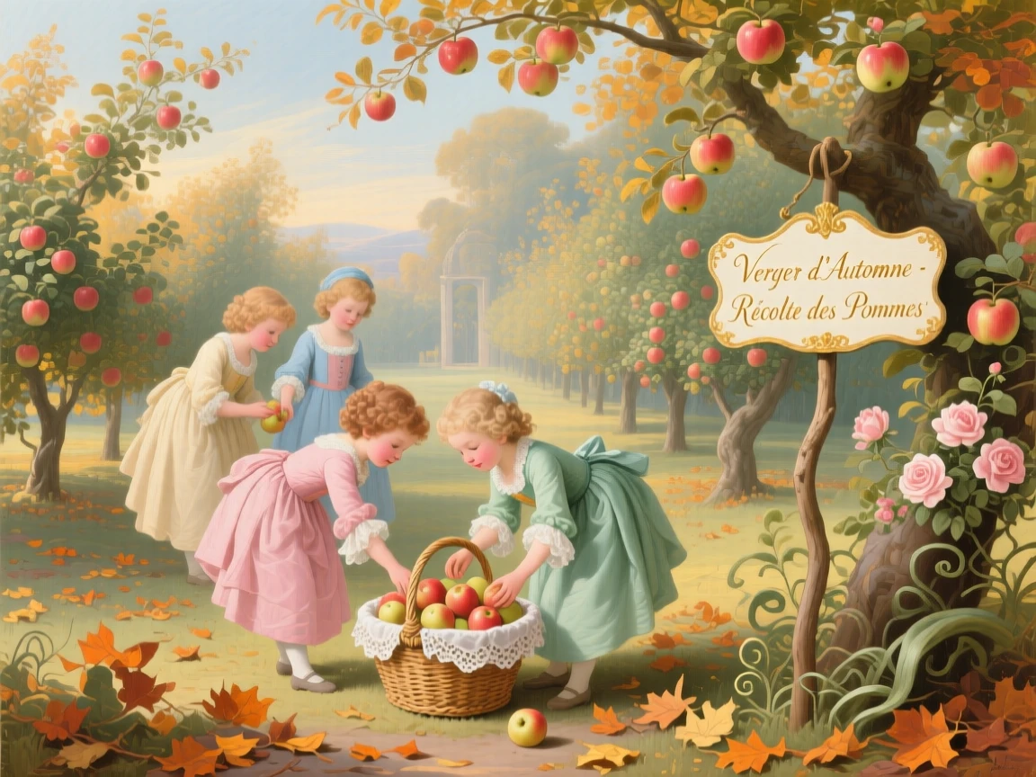 An autumn orchard where children gather apples into woven baskets  