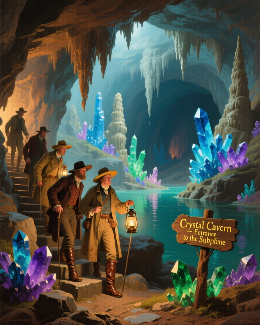 Explorers descend into a glowing cave filled with crystal formations.