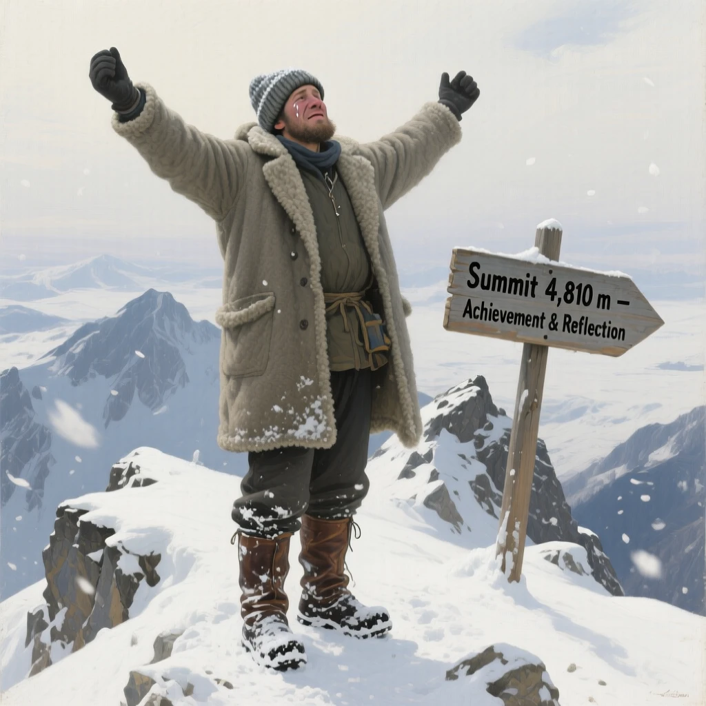 A mountaineer standing triumphantly at a snowy summit, arms outstretched, as a single tear or smile reveals the depth of feeling, offering a tender and unforgettable glimpse into the human spirit