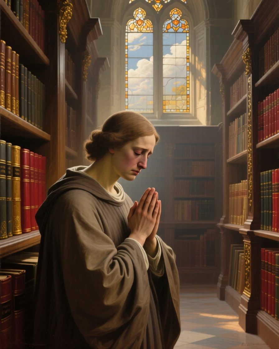 A grieving figure finding solace in a quiet moment of prayer as light seems to answer a silent prayer, set within an ancient library devoted to timeless questions, with soft, radiant light breaking gently through clouds or stained glass; a low, humble viewpoint elevates the sacred over the everyday, filled with serenity and the quiet dignity of devotion.