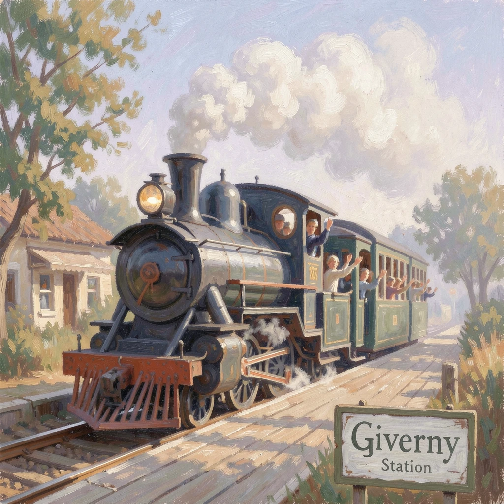 A vintage steam train pulling into a small countryside station, passengers waving from open windows.