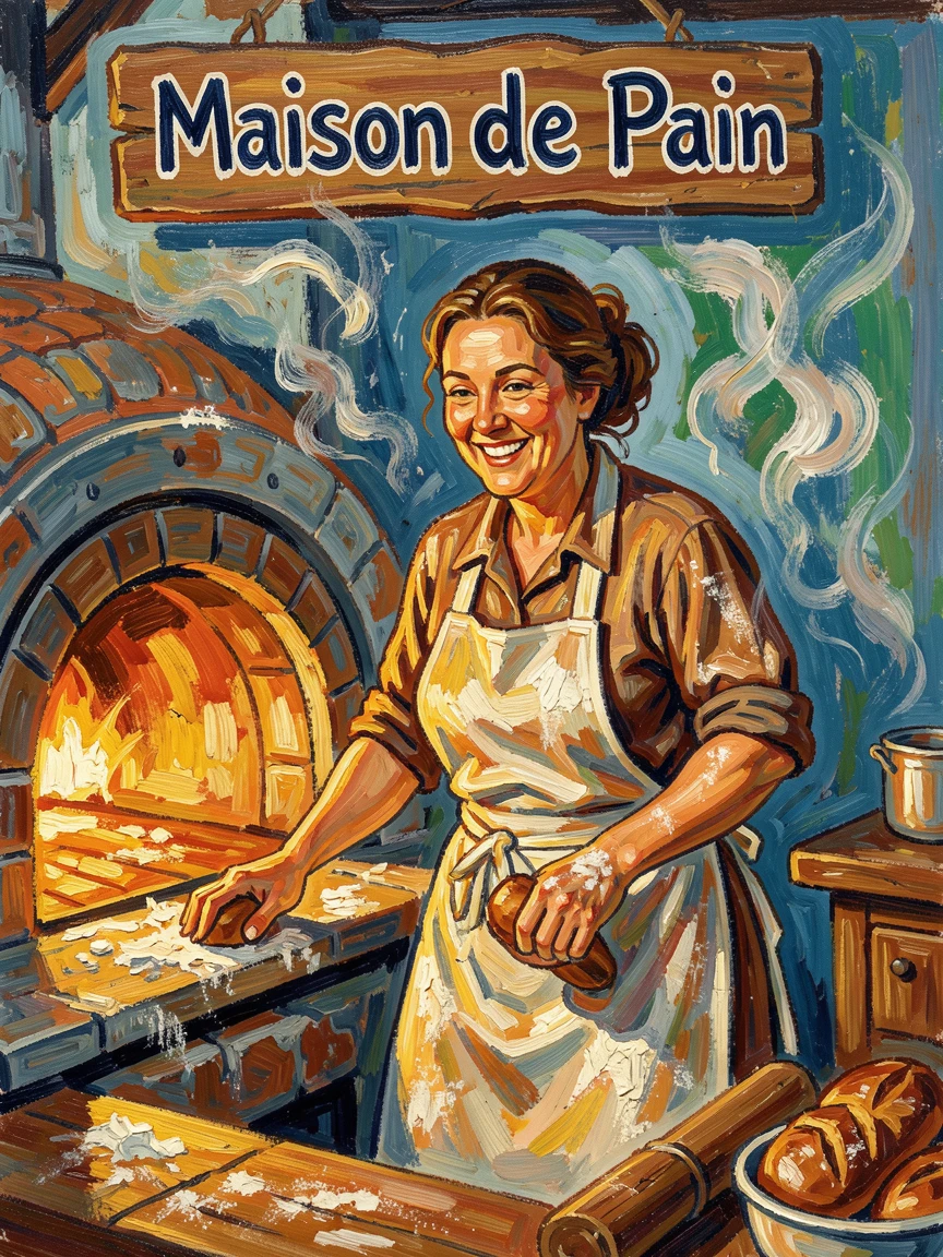 A baker with flour-dusted apron smiling warmly as she pulls fresh bread from the oven.