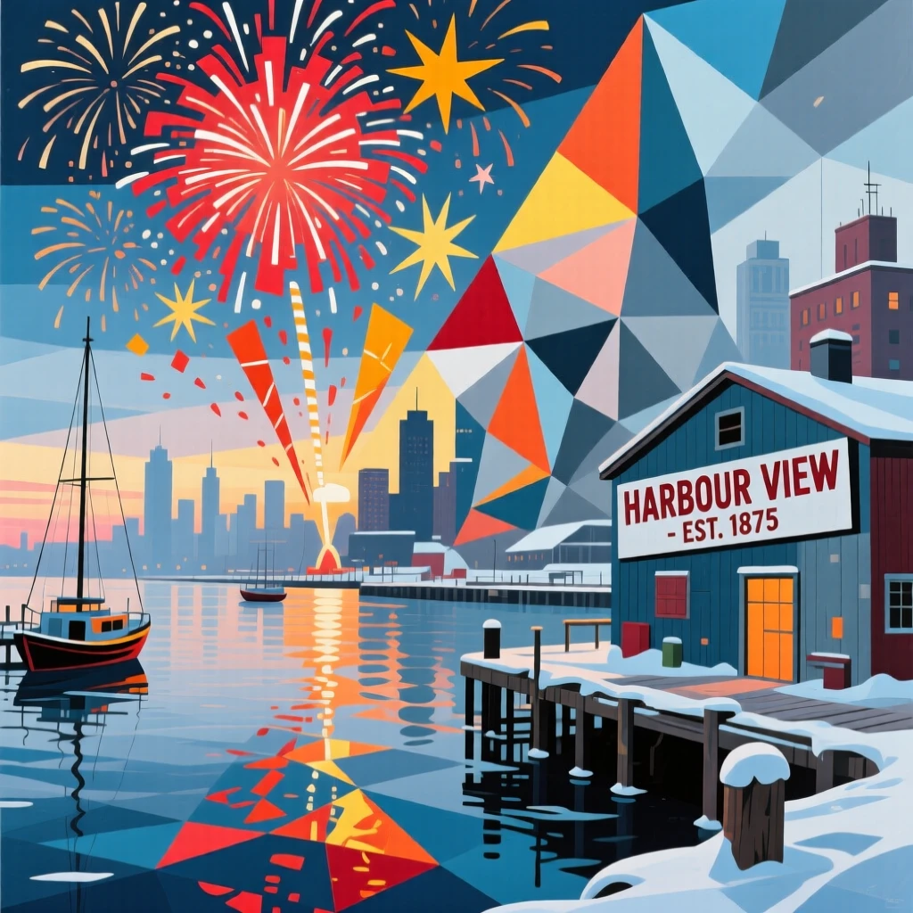 An energetic scene of a fireworks display over a city harbor, captured on a crisp winter morning.