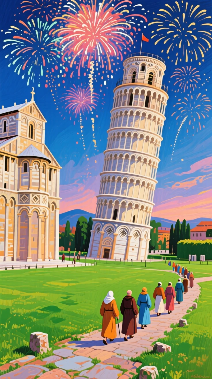 The Leaning Tower of Pisa beside a quiet green lawn, as fireworks burst overhead, a small group of pilgrims making their way along an ancient path