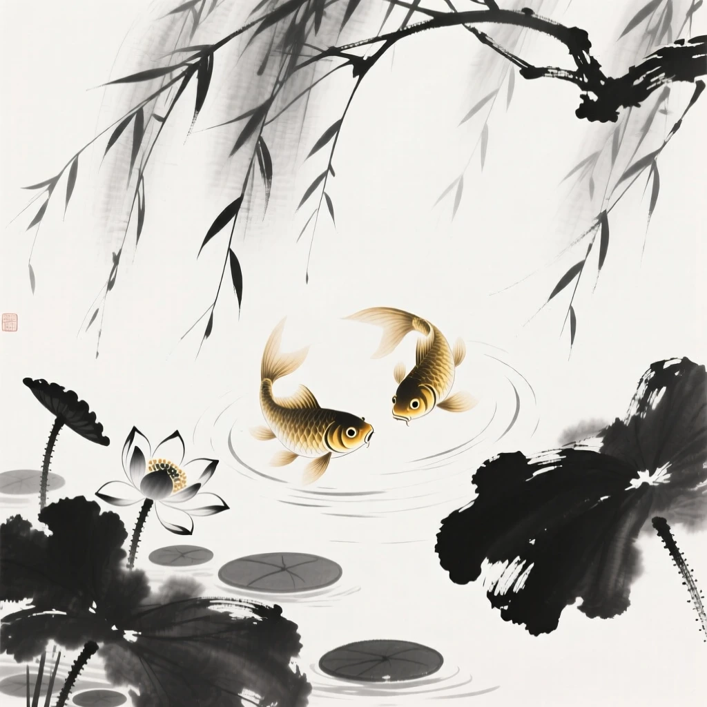 Two goldfish circle slowly around a cluster of water lilies, beneath the shade of overhanging willow branches.