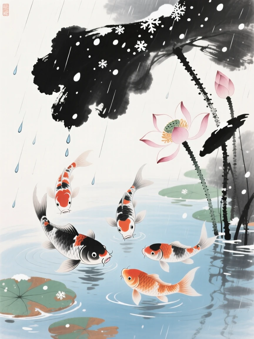 A family of playful koi swimming beneath drifting lotus flowers, beneath softly falling snow, as summer rain begins to fall.