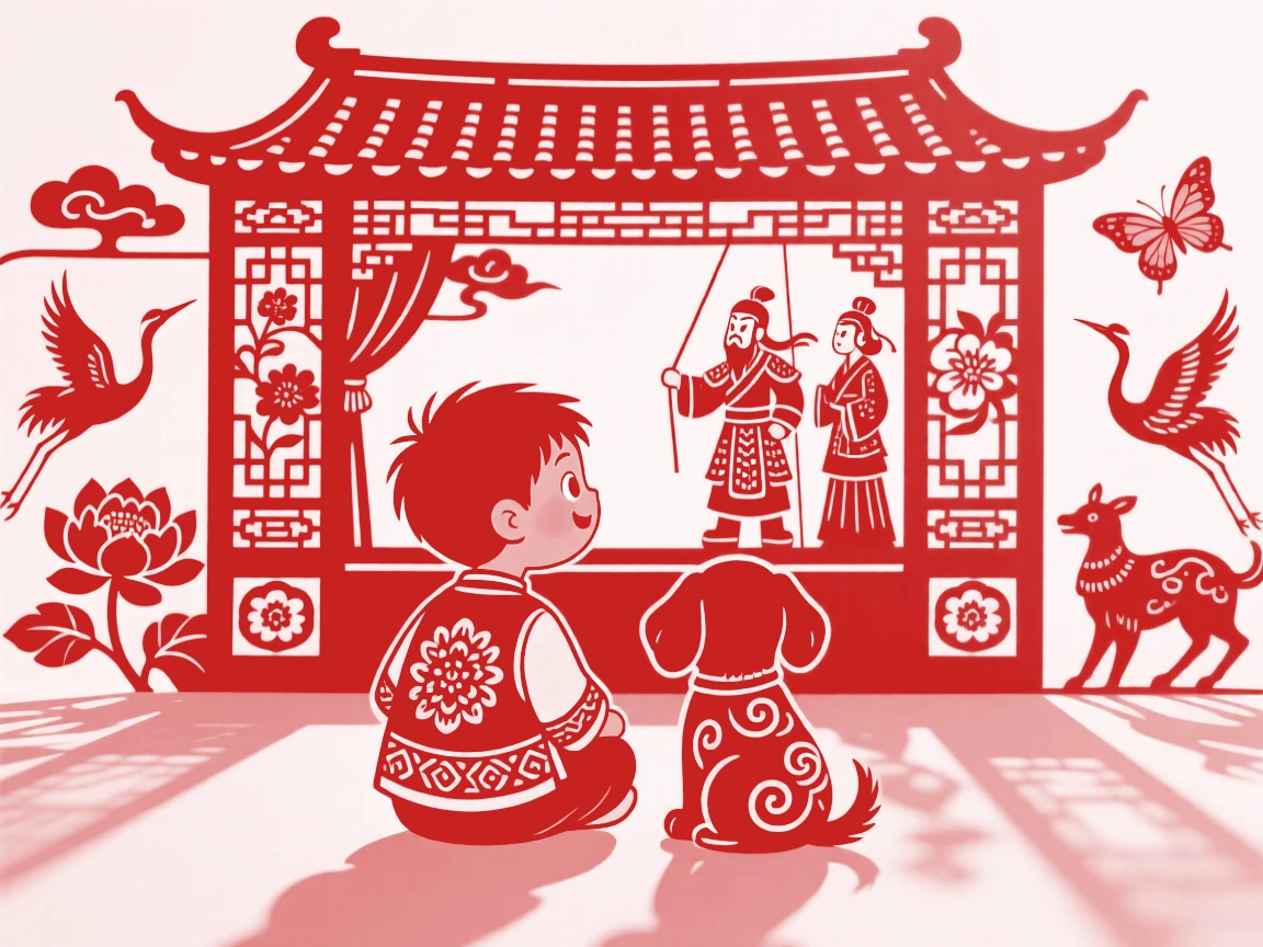 A boy and his puppy, watching a puppet show with wide, delighted eyes, a warm afternoon sun casting long gentle shadows.