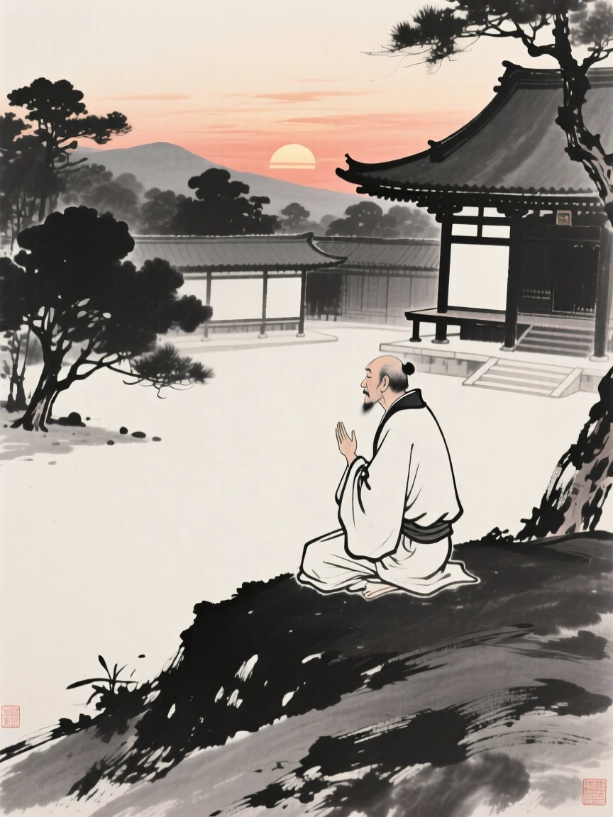 A poet seated in quiet thought watching the sunset from a hillside within a peaceful temple courtyard, captured mid-gesture in a candid, natural moment, conveying quiet devotion and simple contentment.