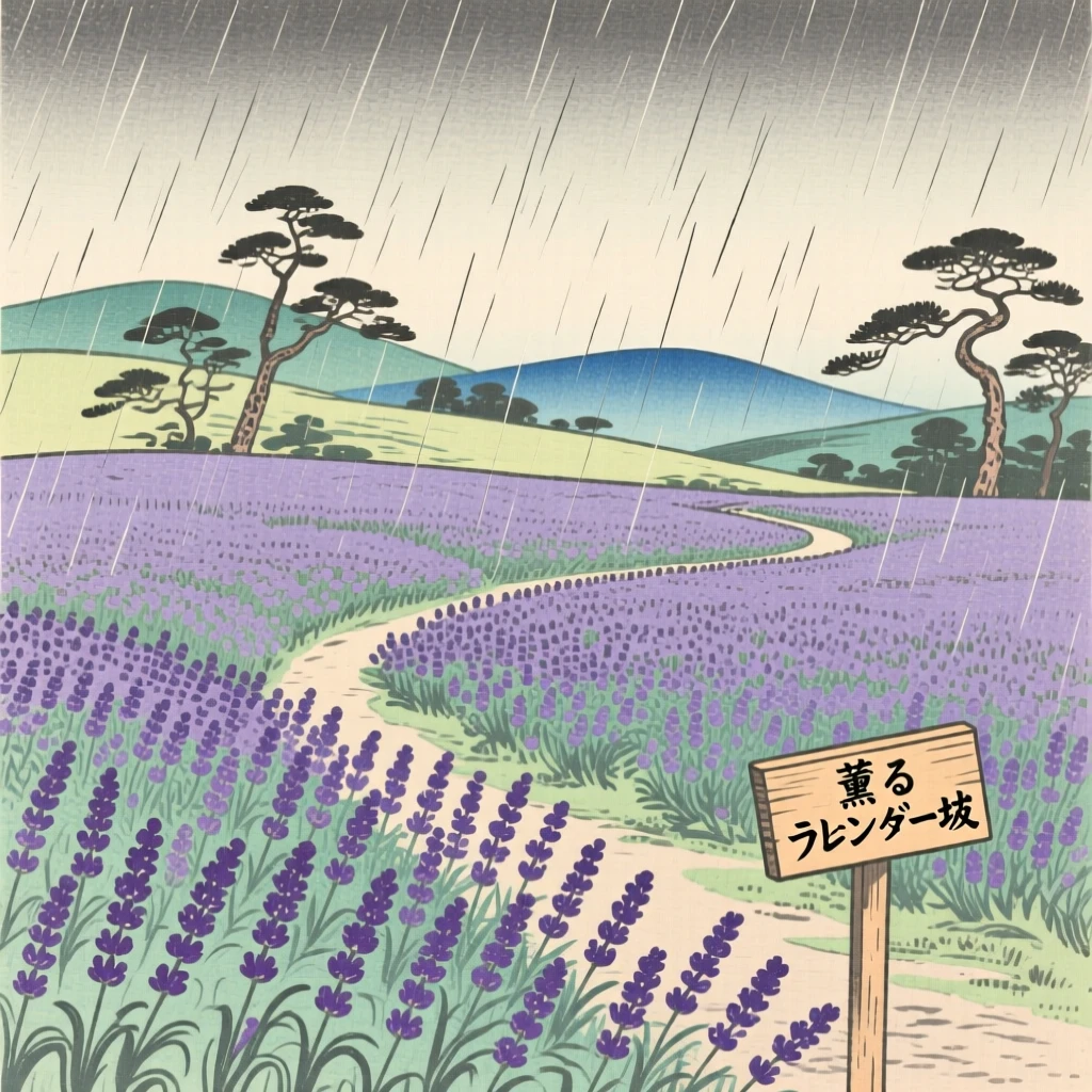 A field of blooming lavender as gentle rain begins to fall.