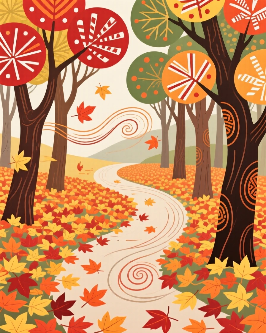A sweeping view of a forest path covered in fallen leaves with autumn leaves swirling in the wind.