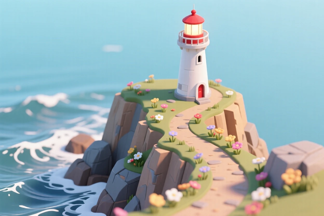 A coastal cliffside trail overlooking crashing waves, wildflowers clinging to the rocky edge, and a lighthouse standing sentinel in the distance.