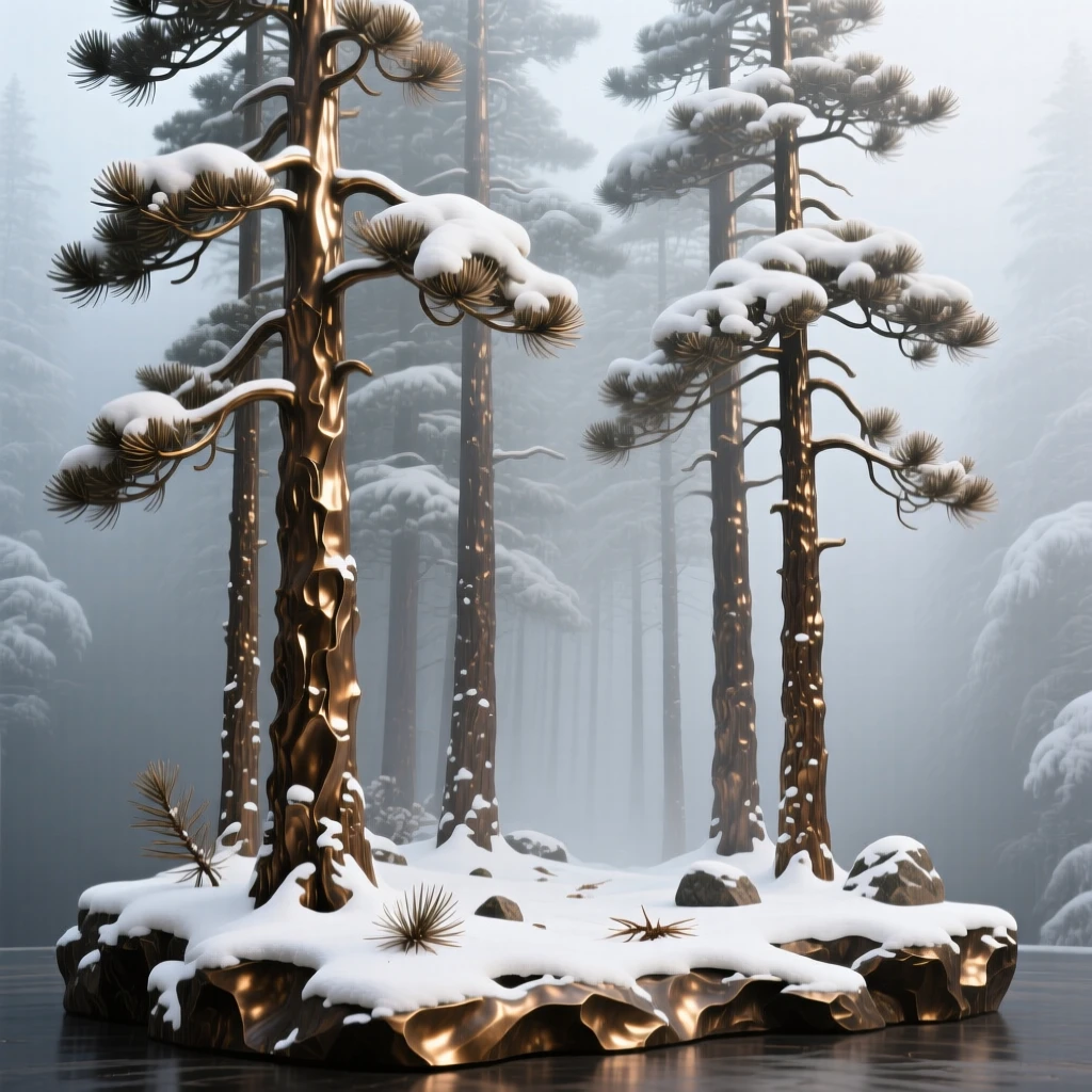 A misty pine forest blanketed in fresh snow, capturing a powerful sense of scale and grandeur, offering a breathtaking sense of place