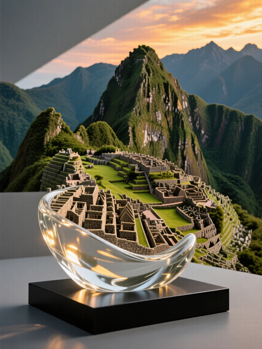 Machu Picchu perched among green peaks, viewed from a dramatic low angle under a vivid sunset sky, warm golden light highlighting every architectural detail, awe-inspiring and grand.