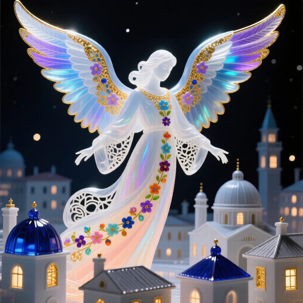 A guardian angel spreading wings of light over a sleeping city at night, protective and serene.