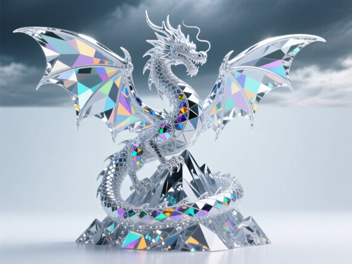 A majestic dragon coiled around a crystal-topped mountain peak, wings unfurled against a stormy sky.