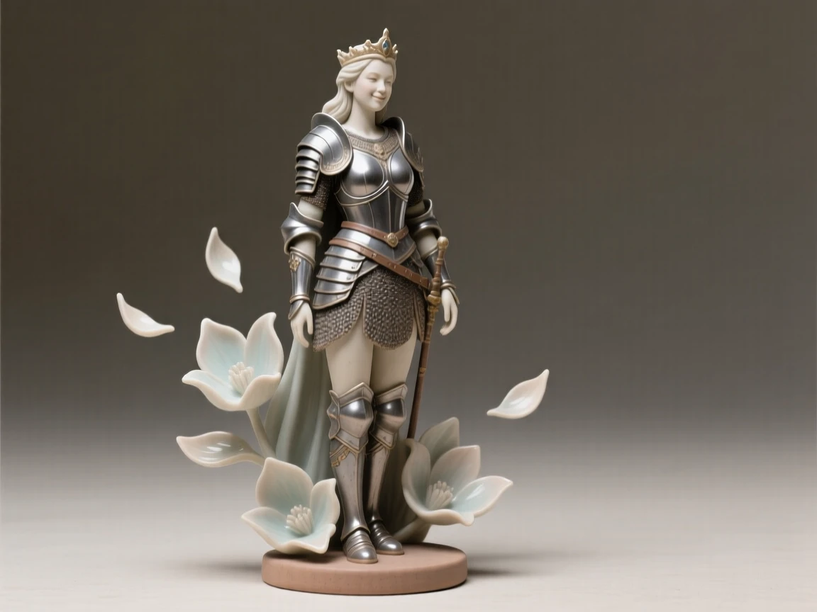 A warrior queen standing tall in ceremonial armor caught in an intimate, unguarded moment, surrounded by softly falling petals, filling the scene with joy and gentle wonder.