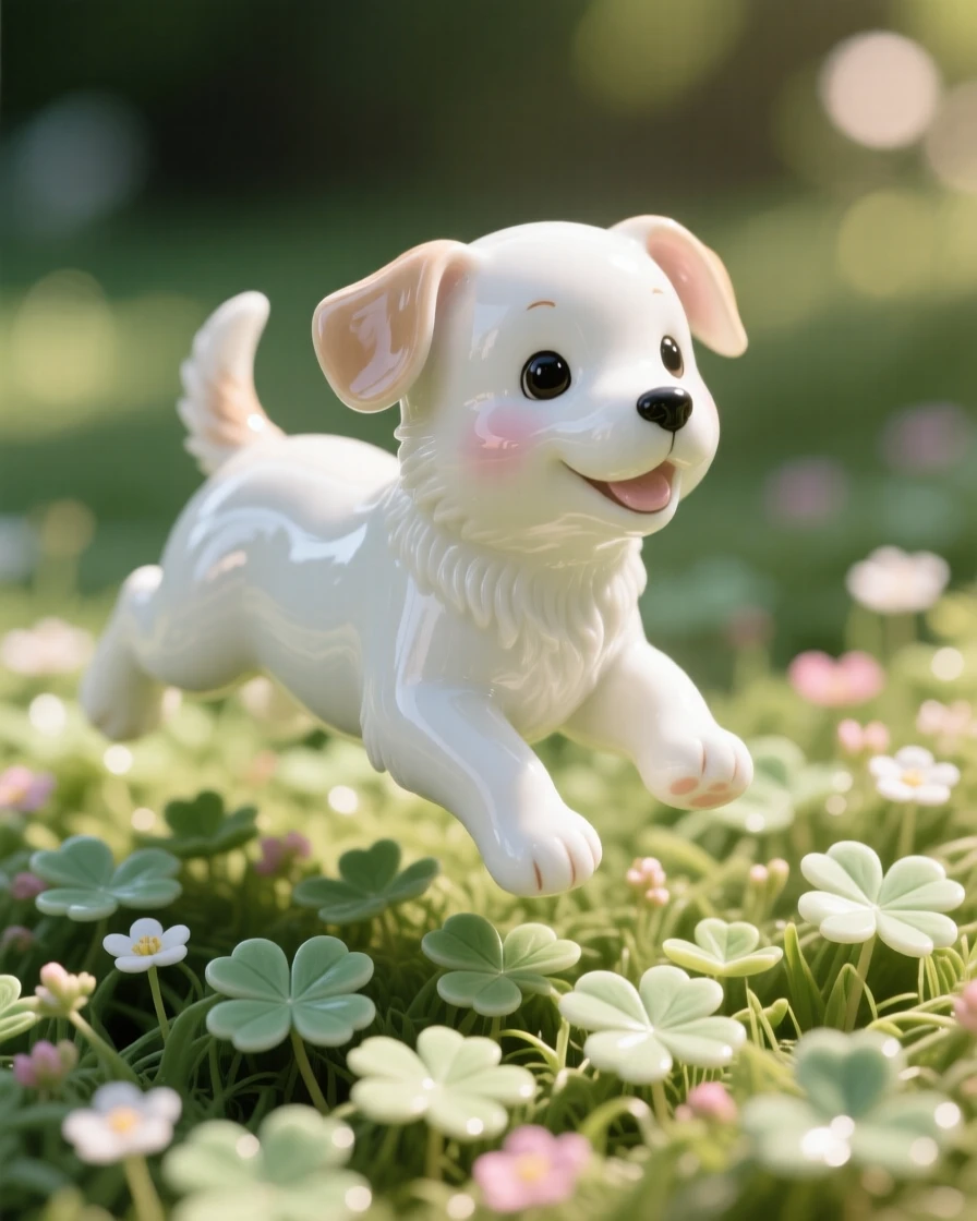 A tiny puppy hopping through a bed of clover, bathed in warm dappled sunlight.