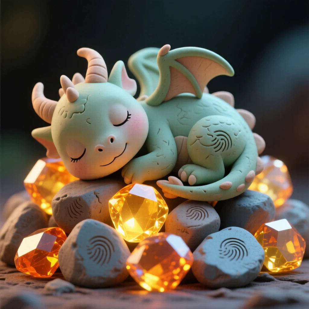 A baby dragon curling up asleep atop a pile of glowing gemstones