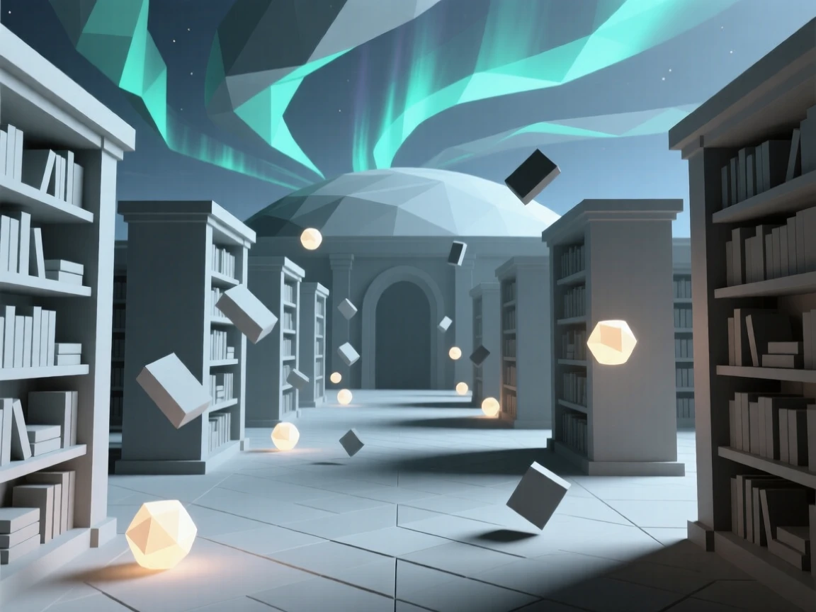 A mystical library with floating books, beneath a sky filled with swirling aurora light. soft glowing light sources create dramatic highlights. There is an air of ancient mystery.