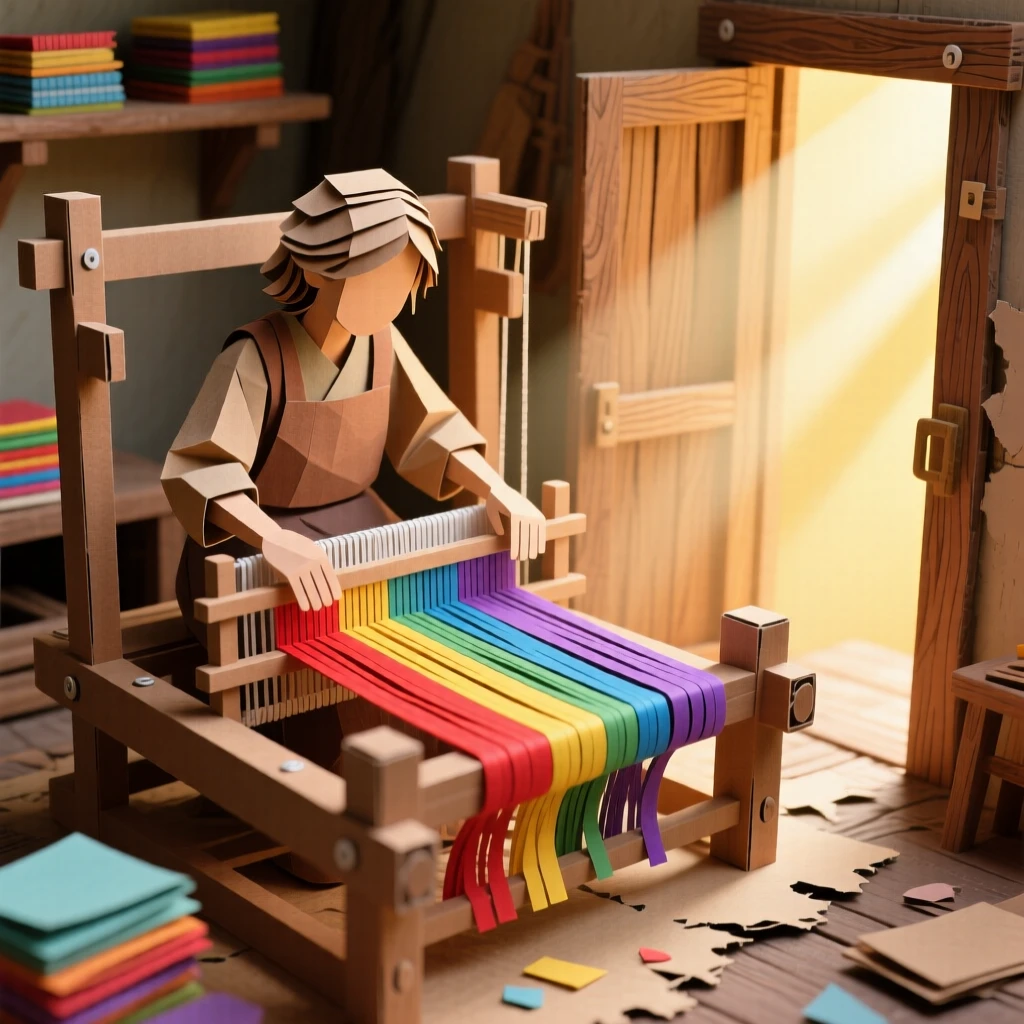 An artisan weaving a colorful textile on a traditional wooden loom, vibrant threads stretched taut, sunlight streaming through an open workshop door, evoking heritage craftsmanship.
