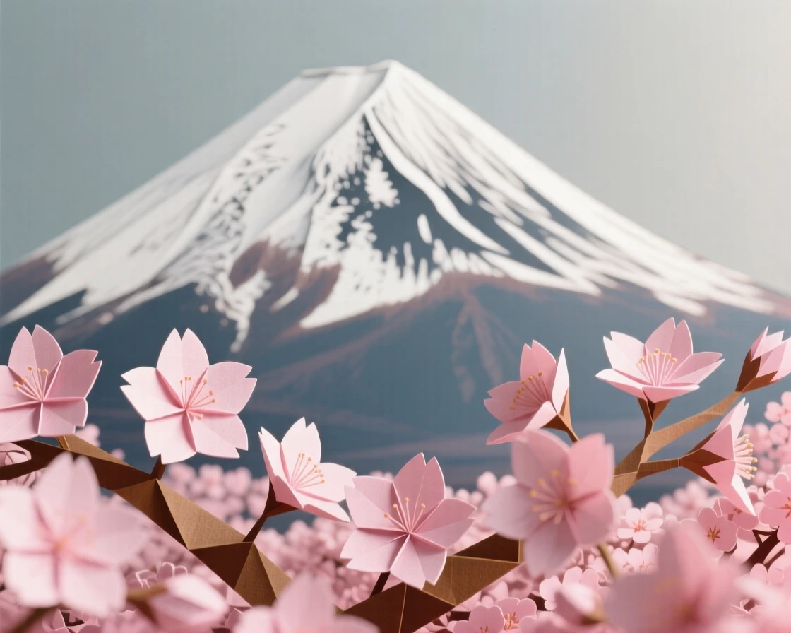 Mount Fuji rising above a foreground of blooming cherry blossoms.