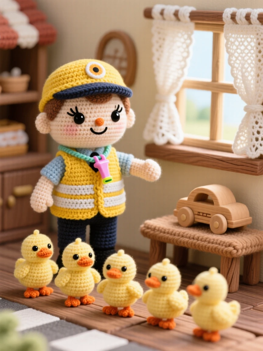 a cheerful crossing guard, with a bright vest and a friendly whistle, helping a line of ducklings cross the road, in a warm village bakery filled with morning light, with a small wooden toy left on a bench nearby, conveying a nostalgic, storybook warmth.